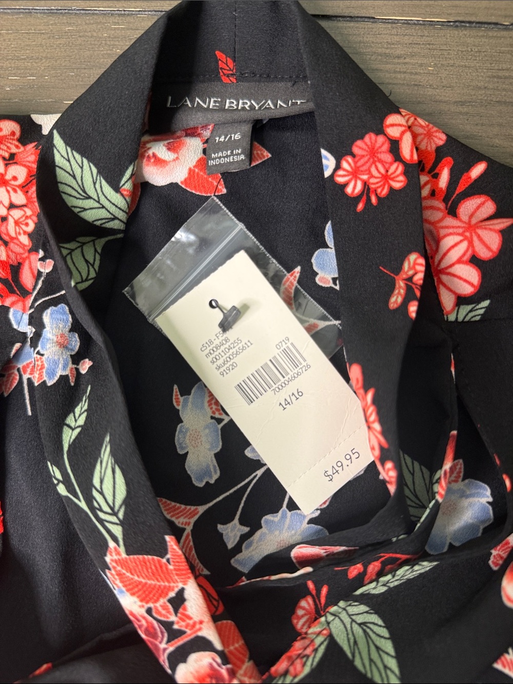 Lane Bryant Black Floral Blouse with Red and Light Blue Blooms